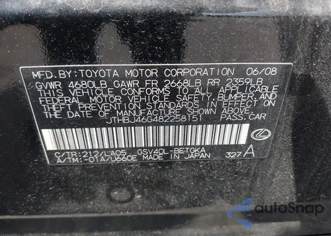 2008 Lexus Es 350 z USA, uszkodzony, nr VIN JTHBJ46G482258151